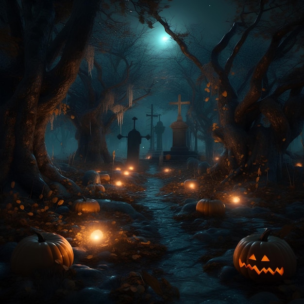 Horror background with woods spooky trees pumpkins and candle lights along old cemetery pathway