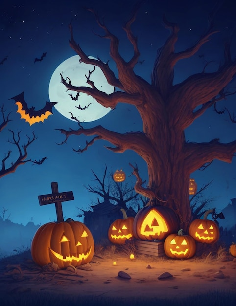 horror cartoon on a mindnight background near pumpkin holicross sign grave dry tree with bow gh
