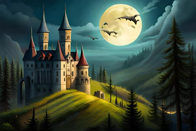 Horror castle bats night and day