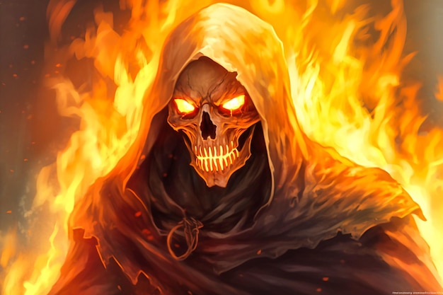 Photo horror character of demon skeleton with fire flame, generative ai