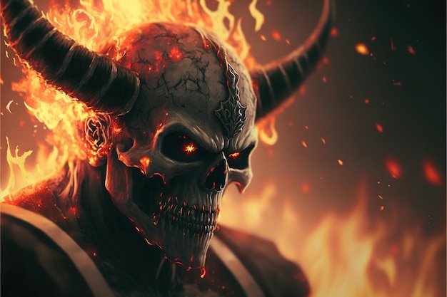 Photo horror character of demon skeleton with fire flames in hellfire digital art style illustration painting fantasy concept of a demon skeleton with fire flames in hellfire