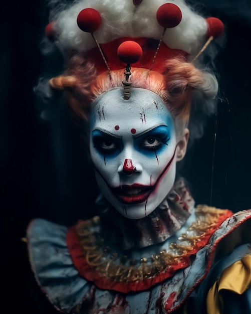 Классическая королева-клоун ужасов в жутком улыбающемся лице и классических костюмах с полным макияжем лица