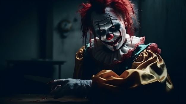 Ужасный клоун, страшный кровавый нож, сцена ужасов, Generative AI