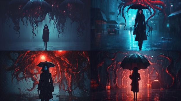 Horror concept of mystery woman holding the umbrellaGenerative AI