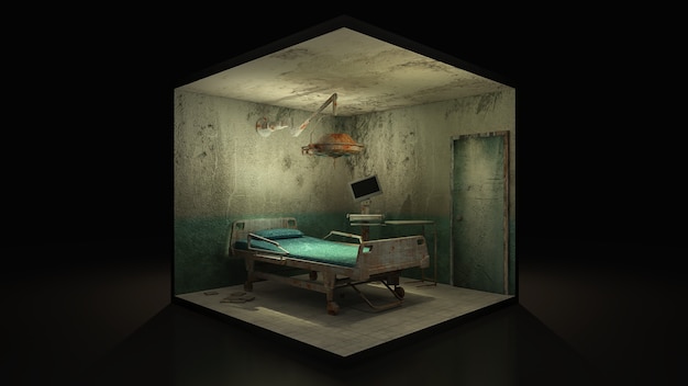 病院の恐怖と不気味な放棄された手術室、3Dイラスト。