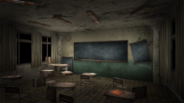 学校の恐怖と不気味な教室。 3Dレンダリング