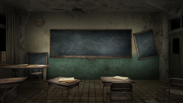 Horror and creepy classroom in the school. 3D rendering