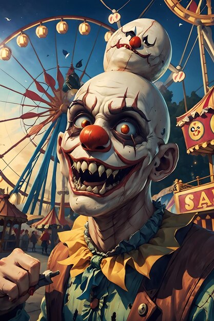 horror creepy clown with long sharp teeth