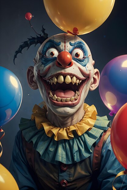 horror creepy clown with long sharp teeth