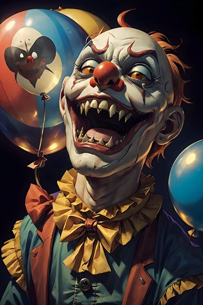 horror creepy clown with long sharp teeth