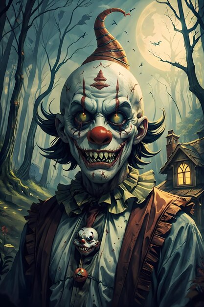 horror creepy clown with long sharp teeth