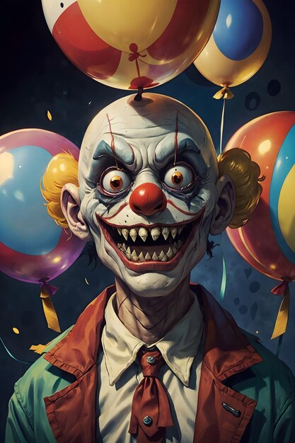 horror creepy clown with long sharp teeth