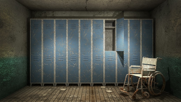 Horror and creepy Locker room in the hospital with blood .3D rendering