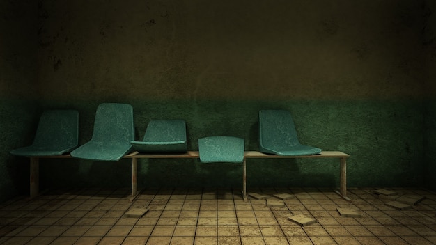病院の診察室の前で待っているホラーと不気味な座席。3Dレンダリング