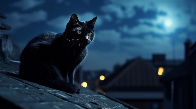 Foto horror dark halloween immagine di un gatto nero che si aggira su un tetto illuminato dalla luna