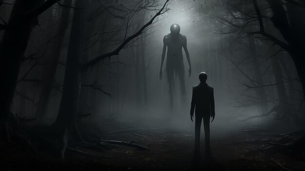 Horror een eenzaam silhouet in een somber mistig bos maniak thriller de duisternis van de nacht