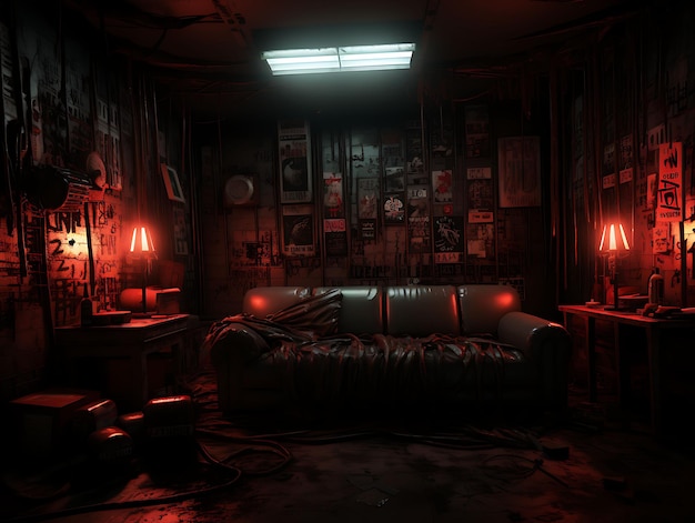 Horror Game Room Girls With Spooky Props Dim Lighting and Ho Illustration Trending Background Decor