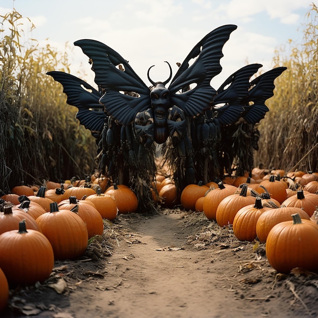horror halloween achtergrond grote roofzuchtige donkere vlinder en veel halloween-pompoenenfantasie
