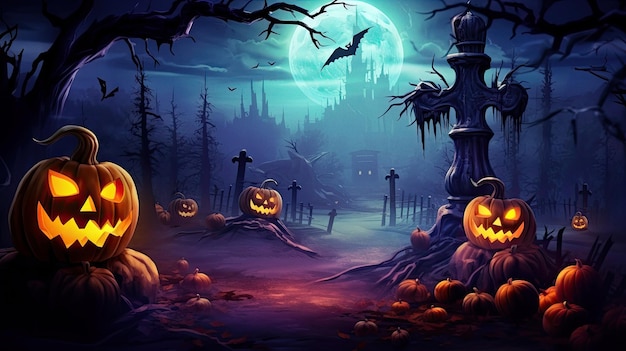 Horror Halloween background with autumn valley with woods pumpkins and spider web space for text