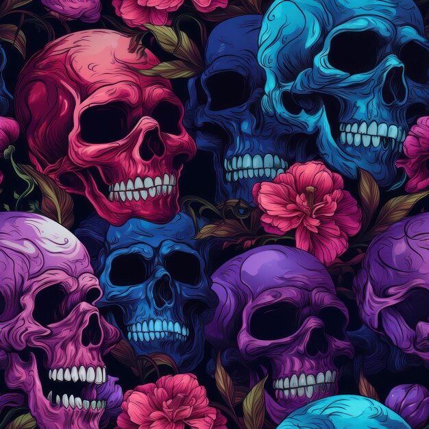 Horror halloween-schedel met roze bloem naadloos patroon Artistiek ontwerp voor modestof textiel