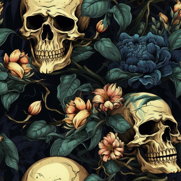 Horror halloween skull with rose flower seamless pattern Artistic design for fashion fabric textile