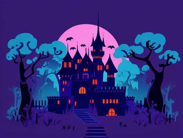 Horror Haunted Castle in Creepy Spooky Night Gothic Illustration