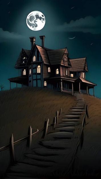 A horror house on a hill with a moon in the background in the night