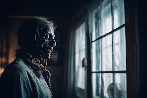 Интерьер дома ужасов со стоящим страшным пробужденным зомби возле окна генеративный ай