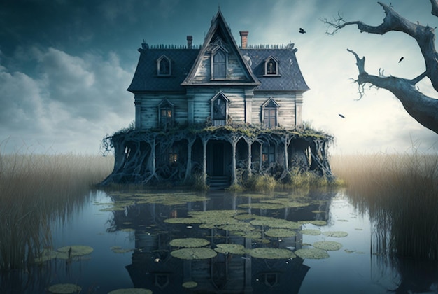 Horror house in swamp swamp generative ai