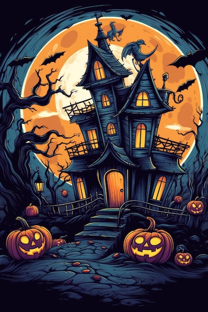 horror illustratie Halloween poster van eng huis en pompoen