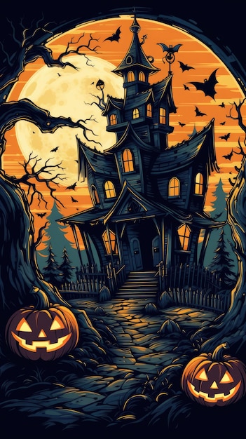 horror illustratie Halloween poster van eng huis en pompoen