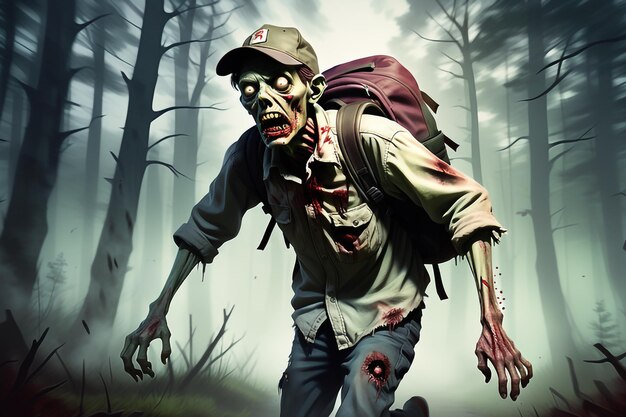 Foto illustrazione orribile di un zombie che insegue una persona sullo sfondo sanguinoso