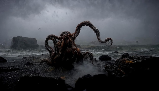 Horror, kust met gigantische octopus, fantasiebeeld, nachtmerrie, zonsondergangstrand met zeemonster, gemaakt met generatieve AI-technologie
