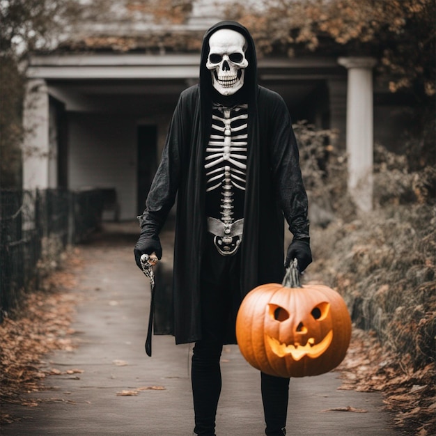 Horror man costume with spooky pumpkin skull in black dressed ai generated