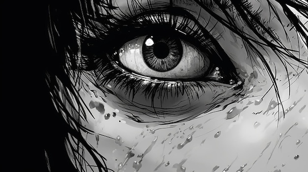 Horror Manga Style Detailed Black And White Drawing Of A Female Eye