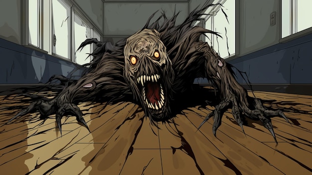 Photo horror monster in death strike pose on wooden floor