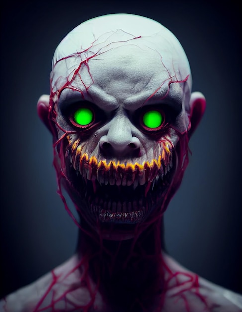 Horror Movie Spooky Smiling Monster with Glowing Green Eyes 3D Art Illustration