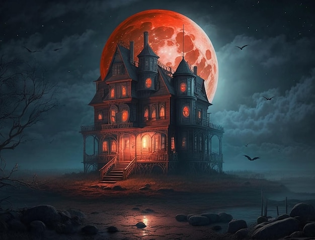 Horror nachthuis spookhuis zoet huis eng huis afbeelding behang rode maan spookjacht