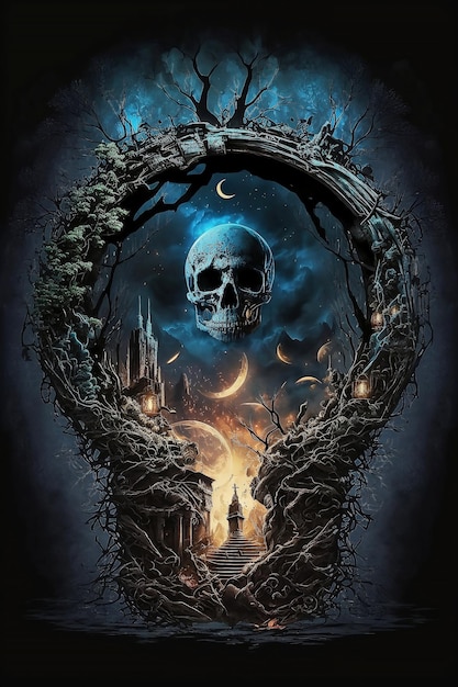 a horror poster illustration with skull and darkness