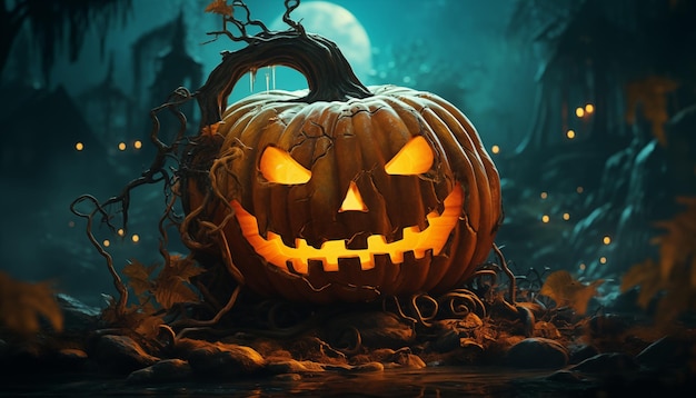 Horror Pumpkin Halloween Character in Spooky Halloween Landscape