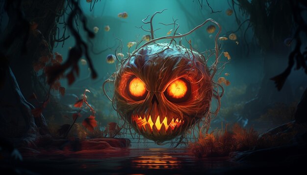 Horror Pumpkin Halloween-personage in Spooky Halloween-landschap