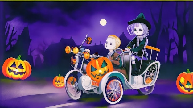 Horror pumpkins and children on a tricycle in the forest at night