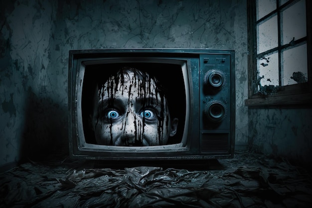 Horror scary movie concept vintage tv in haunted house