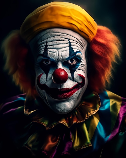 Horror Scary vintage Clown in full classic costumes and a creepy smile on his face