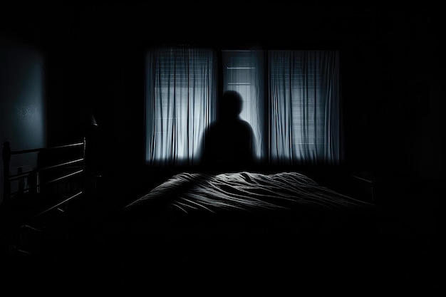 Horror Scene Of Ghost Silhouette In Bedroom Window