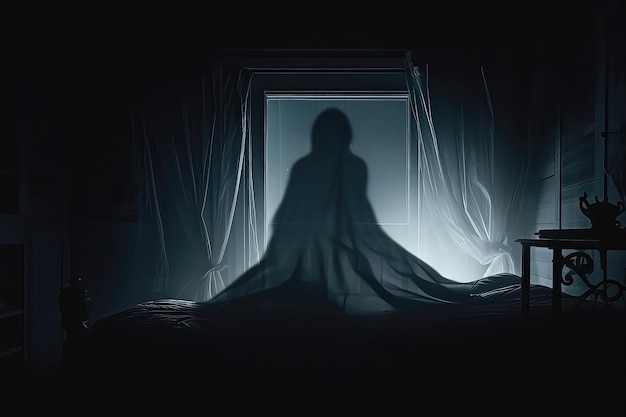 Horror Scene Of Ghost Silhouette In Bedroom Window