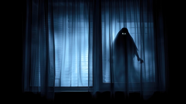 Сцена ужаса на Хэллоуин с размытым силуэтом призрака в окне спальни