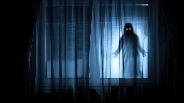 Photo horror scene on halloween with blurred ghost silhouette in bedroom window