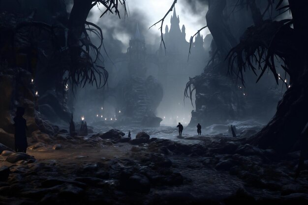 Foto horror scène met zombies die uit het donkere bos komen halloween concept
