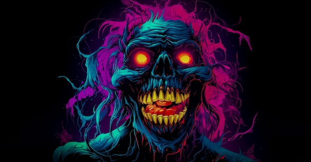 Horror sinister gezichtskarakter met een grote grijns kleurrijk neon Halloween-concept Ai gegenereerd